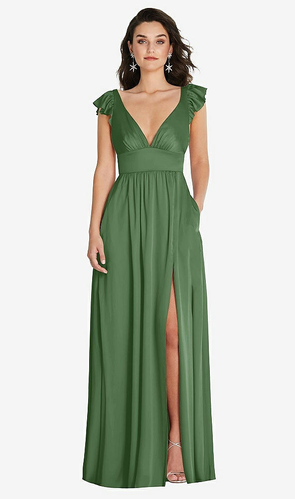 Front View - Vineyard Green Deep V-Neck Ruffle Cap Sleeve Maxi Dress with Convertible Straps