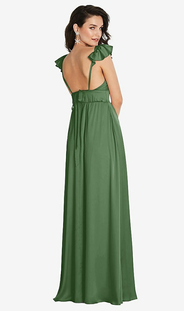 Back View - Vineyard Green Deep V-Neck Ruffle Cap Sleeve Maxi Dress with Convertible Straps