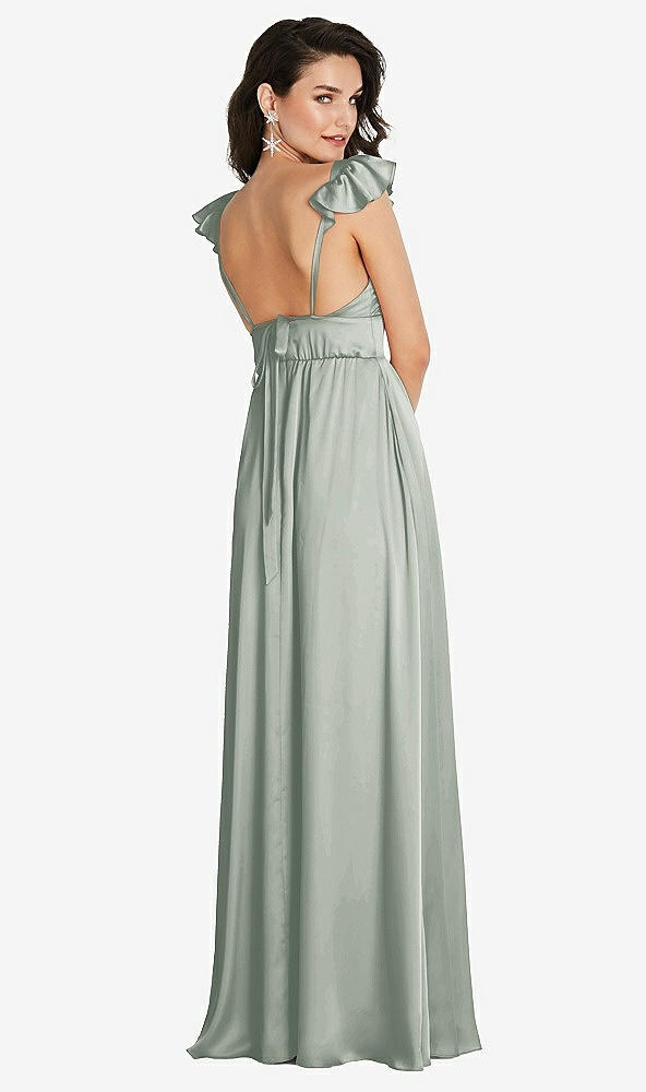 Back View - Willow Green Deep V-Neck Ruffle Cap Sleeve Maxi Dress with Convertible Straps