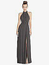 Front View Thumbnail - Caviar Gray Halter Backless Maxi Dress with Crystal Button Ruffle Placket