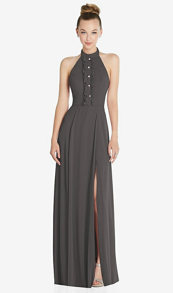Front View - Caviar Gray Halter Backless Maxi Dress with Crystal Button Ruffle Placket