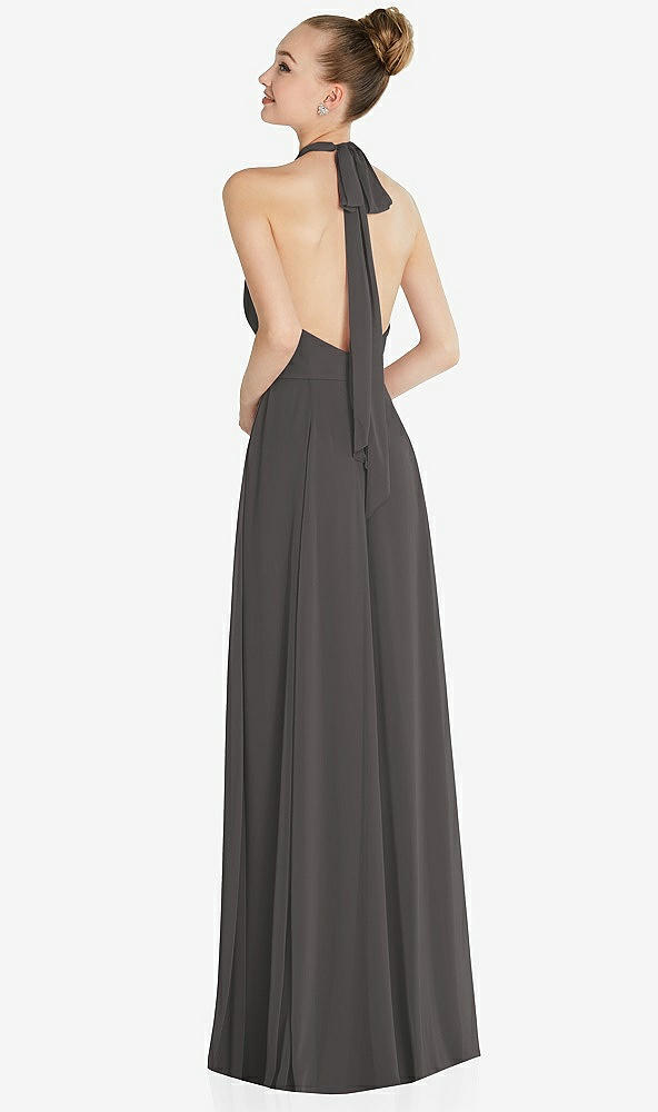 Back View - Caviar Gray Halter Backless Maxi Dress with Crystal Button Ruffle Placket