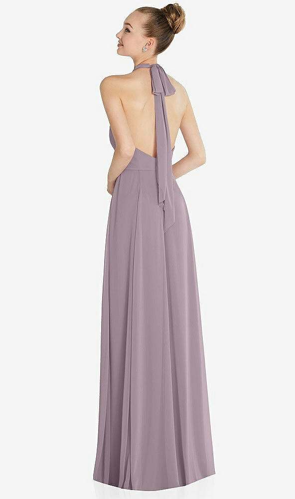 Back View - Lilac Dusk Halter Backless Maxi Dress with Crystal Button Ruffle Placket