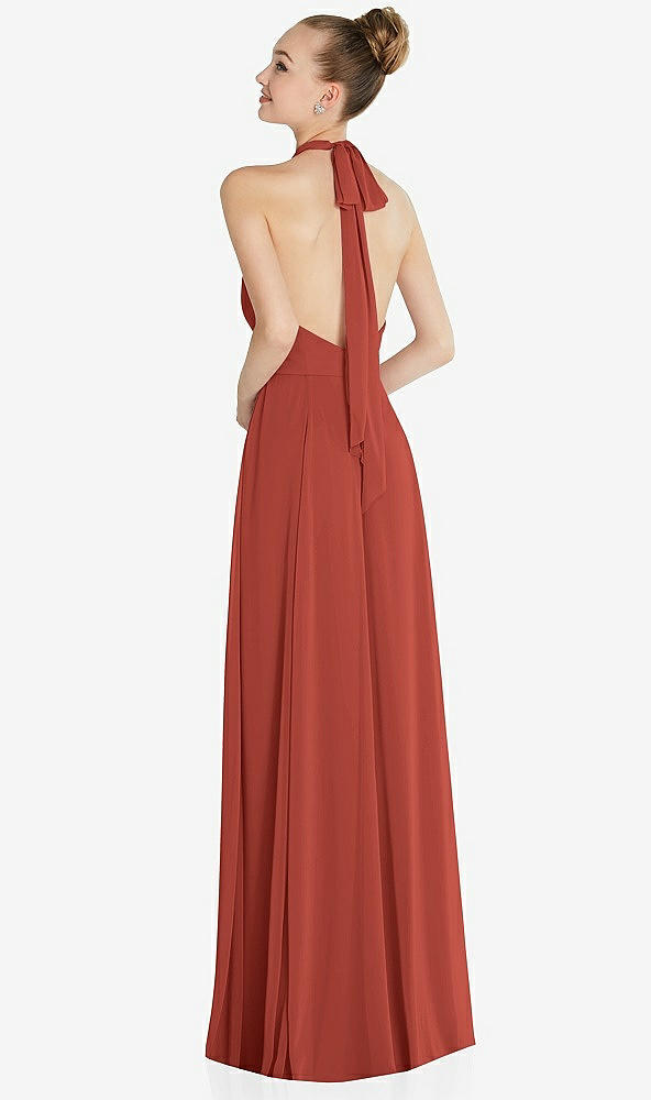 Back View - Amber Sunset Halter Backless Maxi Dress with Crystal Button Ruffle Placket