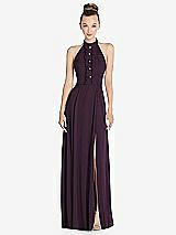 Front View Thumbnail - Aubergine Halter Backless Maxi Dress with Crystal Button Ruffle Placket