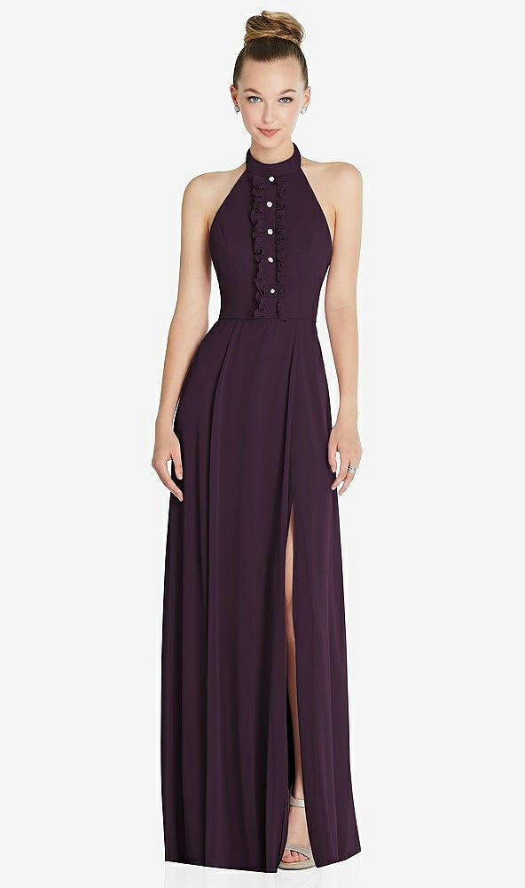 Front View - Aubergine Halter Backless Maxi Dress with Crystal Button Ruffle Placket