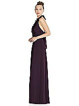 Side View Thumbnail - Aubergine Halter Backless Maxi Dress with Crystal Button Ruffle Placket