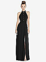 Front View Thumbnail - Black Halter Backless Maxi Dress with Crystal Button Ruffle Placket