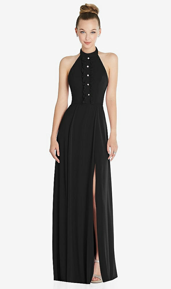 Front View - Black Halter Backless Maxi Dress with Crystal Button Ruffle Placket