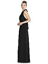Side View Thumbnail - Black Halter Backless Maxi Dress with Crystal Button Ruffle Placket