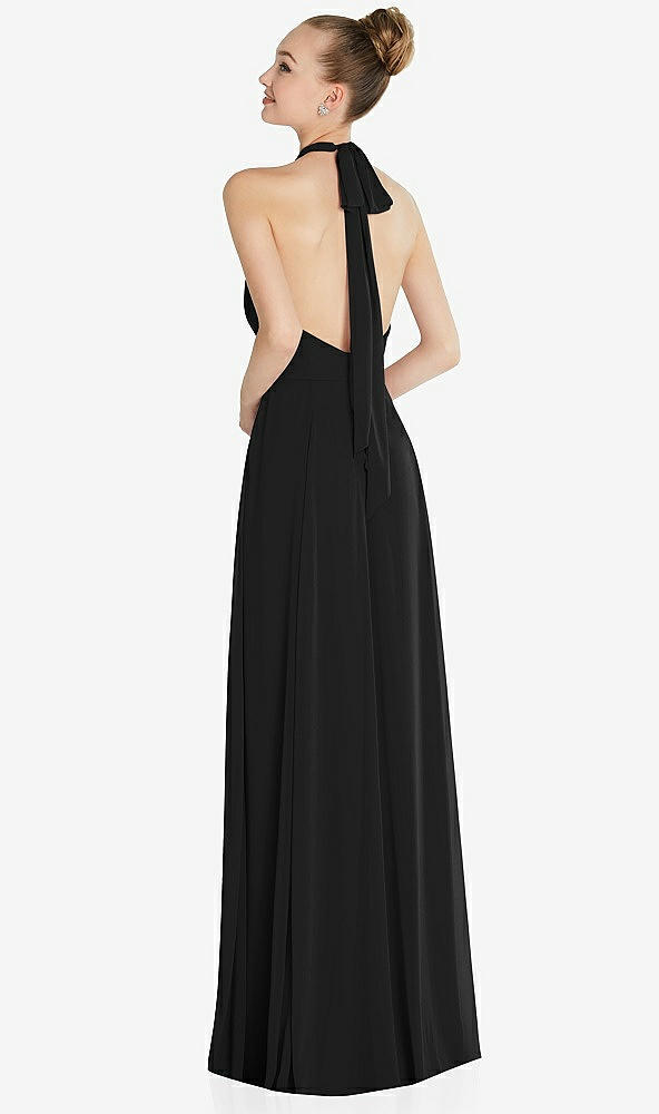 Back View - Black Halter Backless Maxi Dress with Crystal Button Ruffle Placket