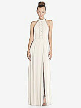 Front View Thumbnail - Ivory Halter Backless Maxi Dress with Crystal Button Ruffle Placket