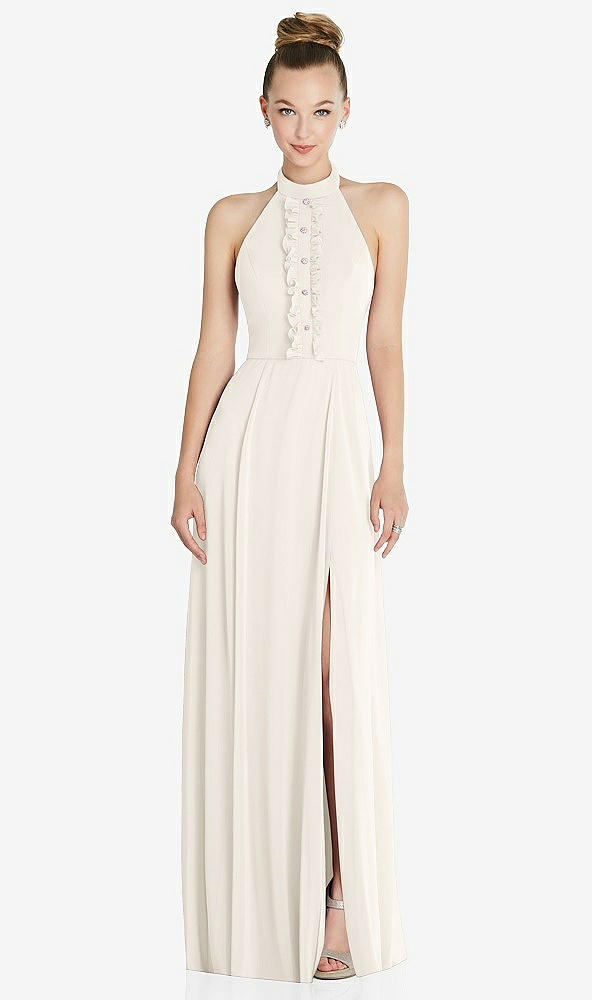 Front View - Ivory Halter Backless Maxi Dress with Crystal Button Ruffle Placket