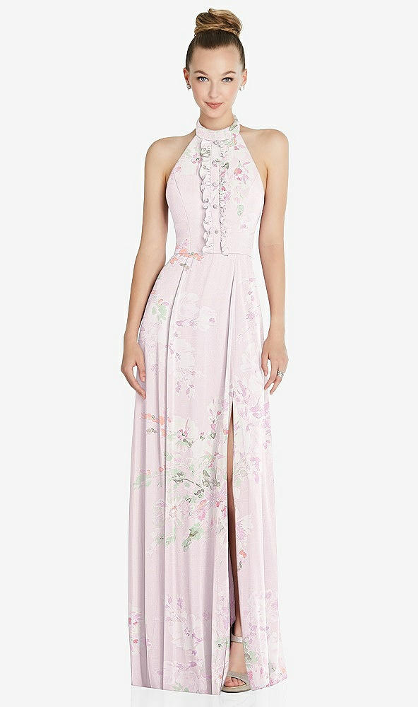 Front View - Watercolor Print Halter Backless Maxi Dress with Crystal Button Ruffle Placket