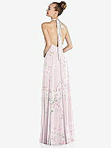 Rear View Thumbnail - Watercolor Print Halter Backless Maxi Dress with Crystal Button Ruffle Placket