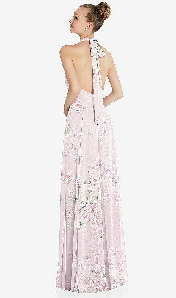 Back View - Watercolor Print Halter Backless Maxi Dress with Crystal Button Ruffle Placket