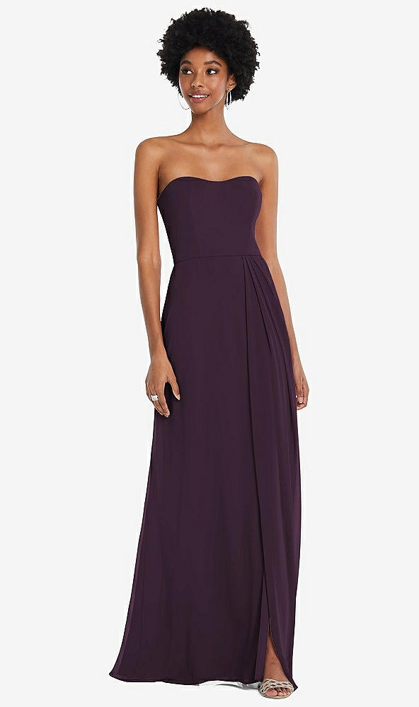 Front View - Aubergine Strapless Sweetheart Maxi Dress with Pleated Front Slit 