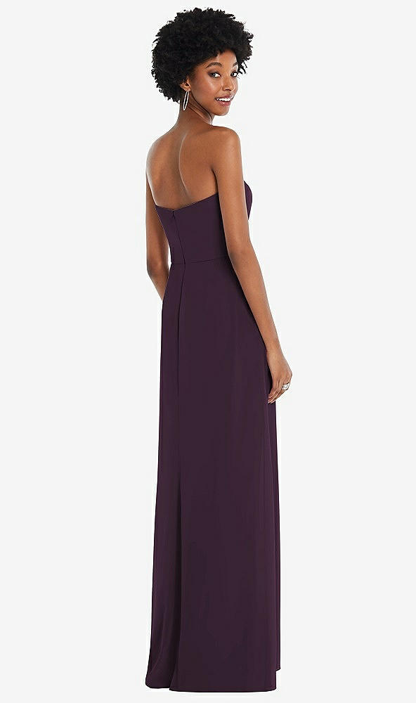 Back View - Aubergine Strapless Sweetheart Maxi Dress with Pleated Front Slit 