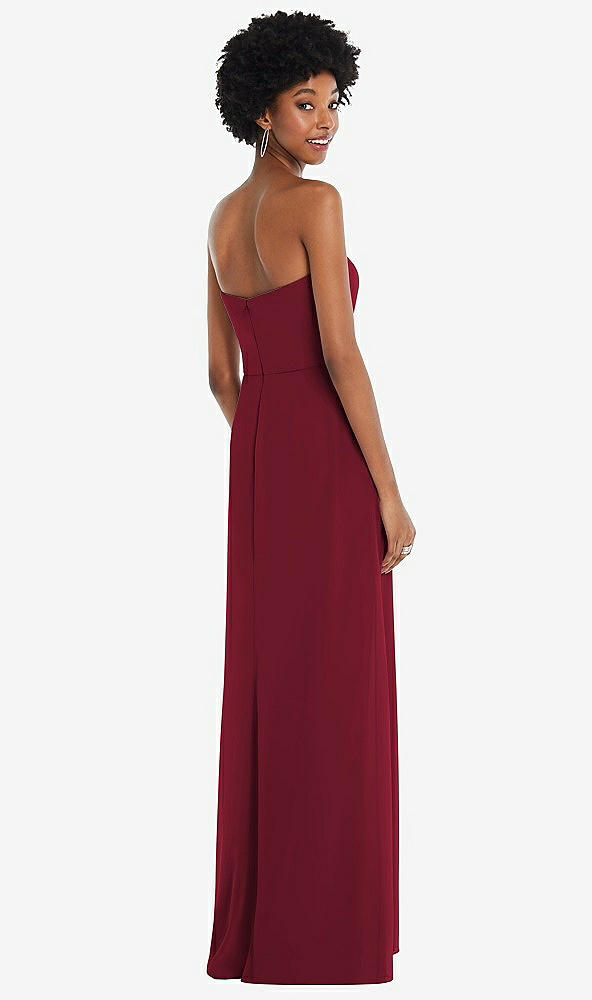 Back View - Burgundy Strapless Sweetheart Maxi Dress with Pleated Front Slit 