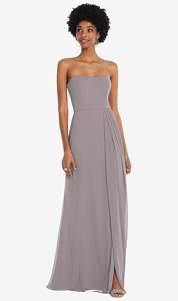 Front View - Cashmere Gray Strapless Sweetheart Maxi Dress with Pleated Front Slit 