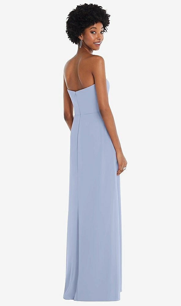 Back View - Sky Blue Strapless Sweetheart Maxi Dress with Pleated Front Slit 