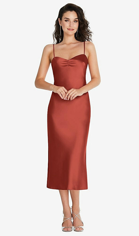 Front View - Amber Sunset Open-Back Convertible Strap Midi Bias Slip Dress