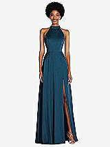 Front View Thumbnail - Atlantic Blue Stand Collar Cutout Tie Back Maxi Dress with Front Slit