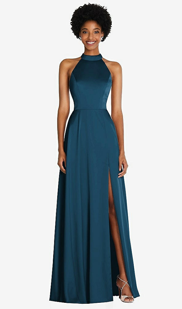 Front View - Atlantic Blue Stand Collar Cutout Tie Back Maxi Dress with Front Slit