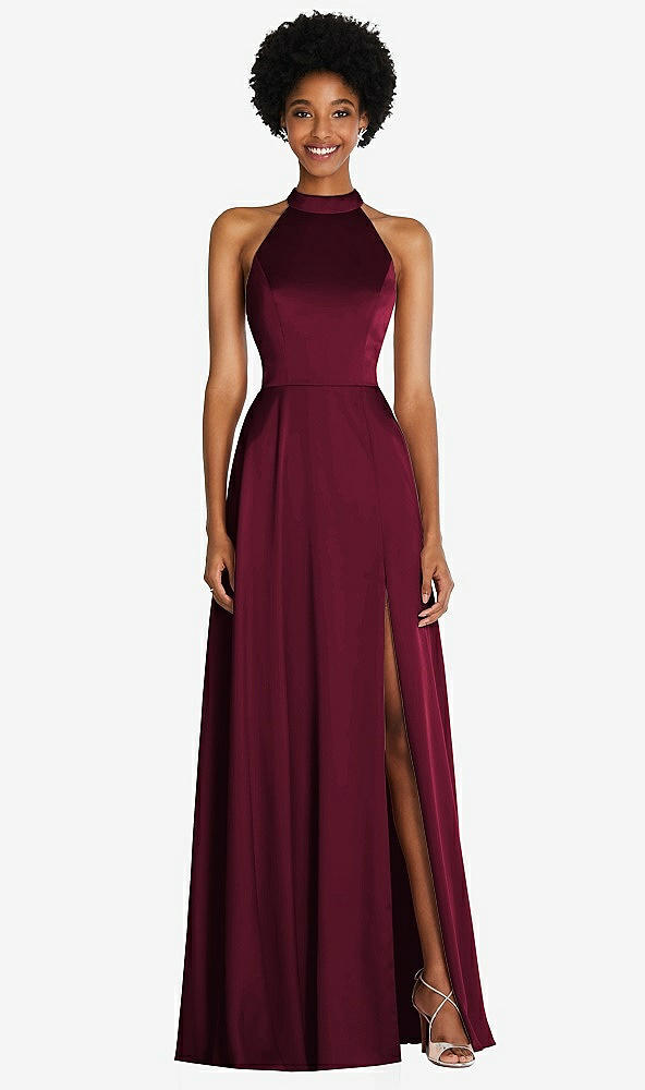 Front View - Cabernet Stand Collar Cutout Tie Back Maxi Dress with Front Slit