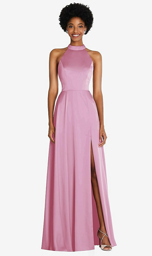Front View - Powder Pink Stand Collar Cutout Tie Back Maxi Dress with Front Slit