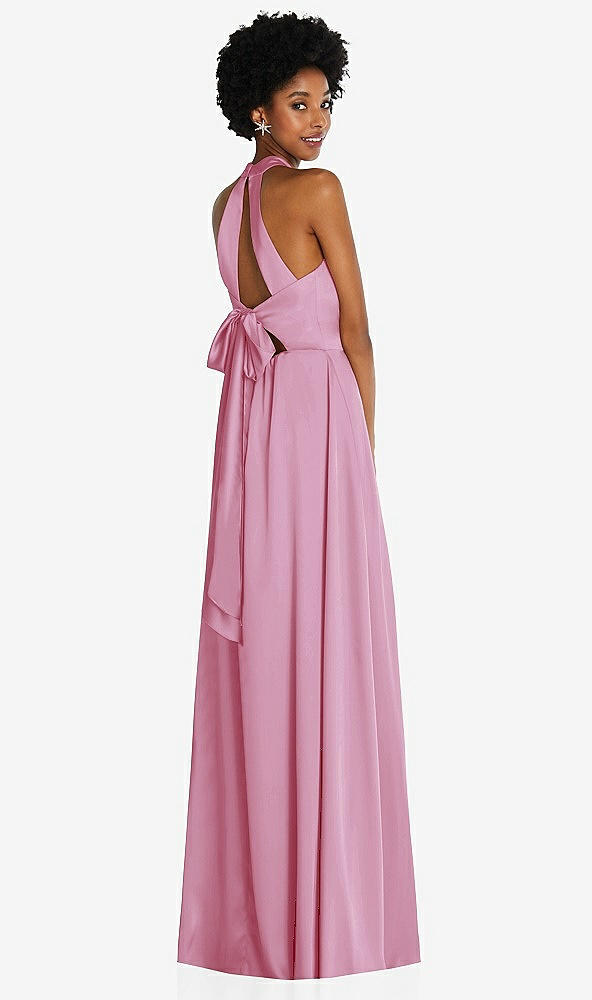 Back View - Powder Pink Stand Collar Cutout Tie Back Maxi Dress with Front Slit