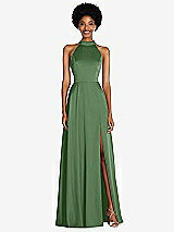 Front View Thumbnail - Vineyard Green Stand Collar Cutout Tie Back Maxi Dress with Front Slit