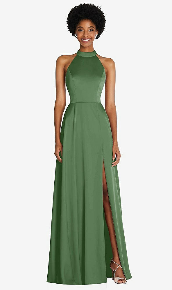 Front View - Vineyard Green Stand Collar Cutout Tie Back Maxi Dress with Front Slit