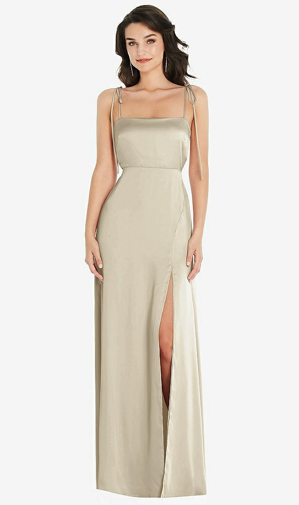 Front View - Champagne Skinny Tie-Shoulder Satin Maxi Dress with Front Slit