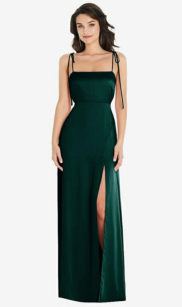 Front View - Evergreen Skinny Tie-Shoulder Satin Maxi Dress with Front Slit