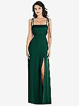 Front View Thumbnail - Hunter Green Skinny Tie-Shoulder Satin Maxi Dress with Front Slit