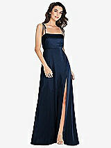 Alt View 1 Thumbnail - Midnight Navy Skinny Tie-Shoulder Satin Maxi Dress with Front Slit