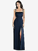 Front View Thumbnail - Midnight Navy Skinny Tie-Shoulder Satin Maxi Dress with Front Slit