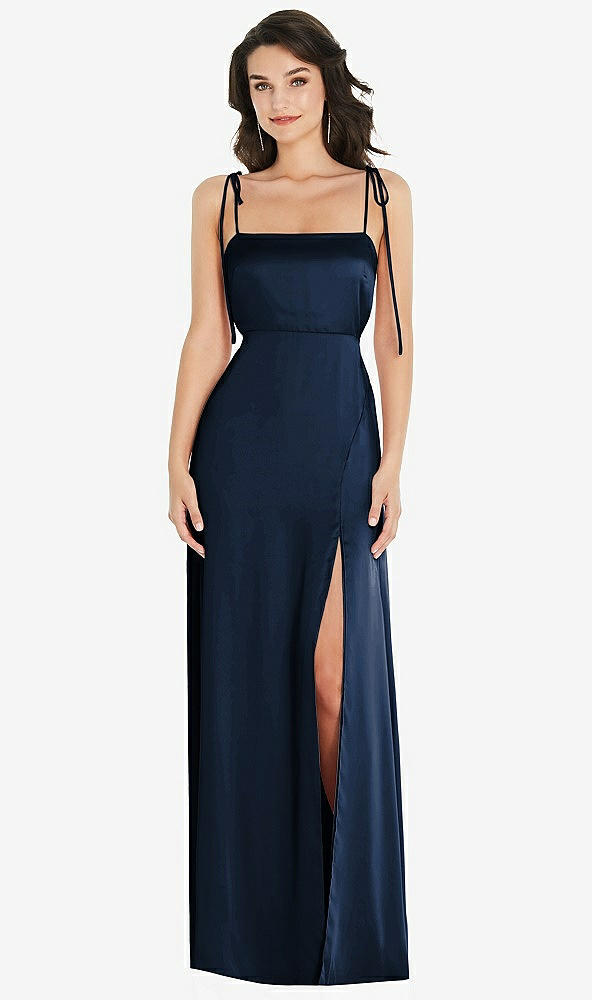 Front View - Midnight Navy Skinny Tie-Shoulder Satin Maxi Dress with Front Slit