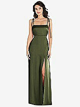 Front View Thumbnail - Olive Green Skinny Tie-Shoulder Satin Maxi Dress with Front Slit