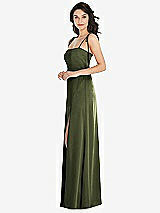 Side View Thumbnail - Olive Green Skinny Tie-Shoulder Satin Maxi Dress with Front Slit