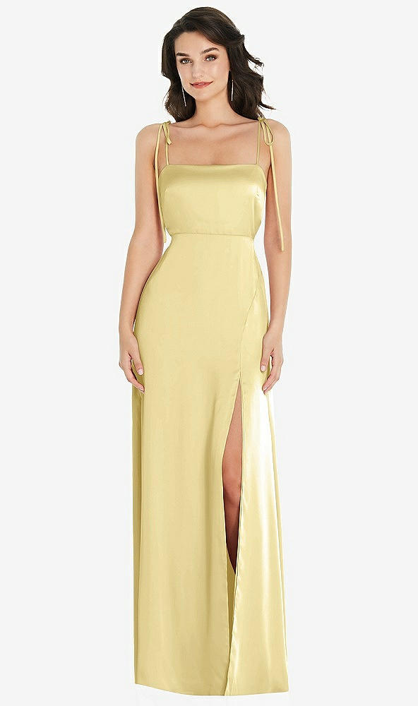 Front View - Pale Yellow Skinny Tie-Shoulder Satin Maxi Dress with Front Slit