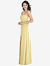 Side View Thumbnail - Pale Yellow Skinny Tie-Shoulder Satin Maxi Dress with Front Slit