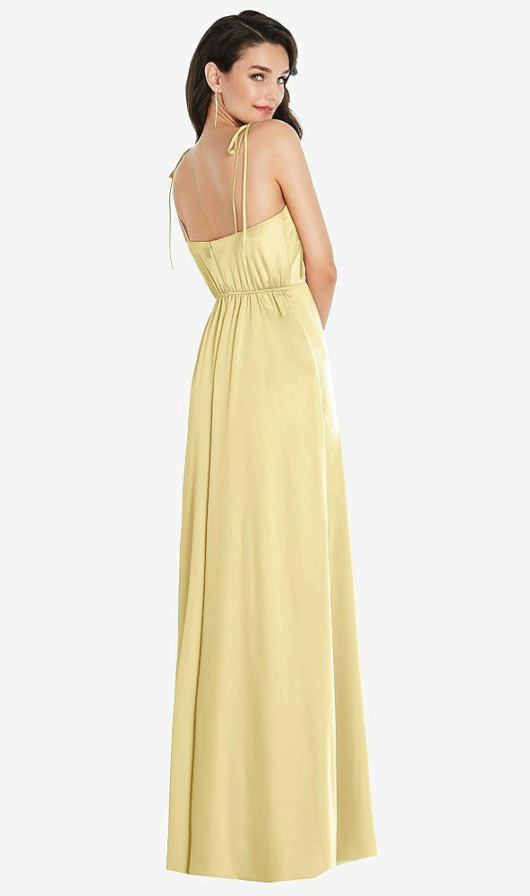 Back View - Pale Yellow Skinny Tie-Shoulder Satin Maxi Dress with Front Slit