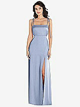 Front View Thumbnail - Sky Blue Skinny Tie-Shoulder Satin Maxi Dress with Front Slit