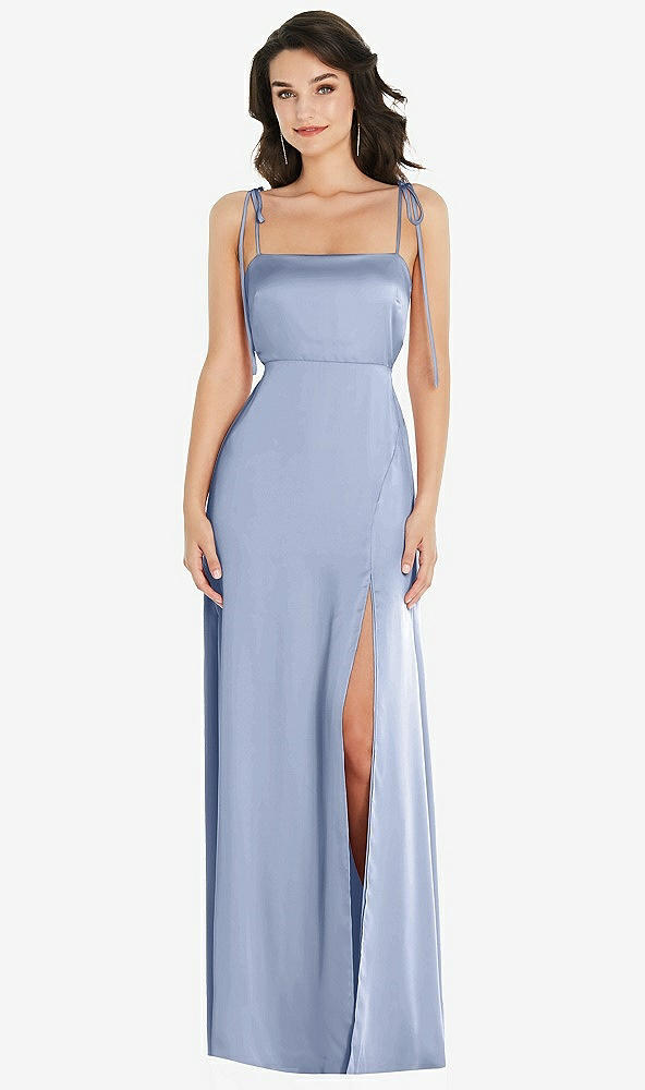 Front View - Sky Blue Skinny Tie-Shoulder Satin Maxi Dress with Front Slit