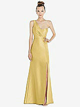 Front View Thumbnail - Maize Draped One-Shoulder Satin Trumpet Gown with Front Slit