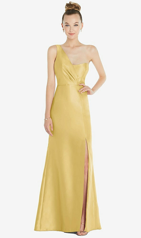 Front View - Maize Draped One-Shoulder Satin Trumpet Gown with Front Slit