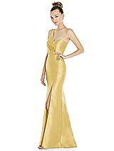 Side View Thumbnail - Maize Draped One-Shoulder Satin Trumpet Gown with Front Slit