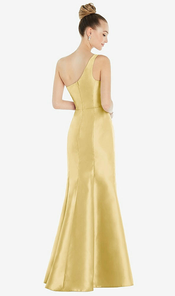 Back View - Maize Draped One-Shoulder Satin Trumpet Gown with Front Slit
